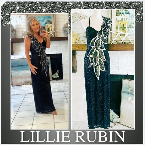 VTG,Lillie Rubin Exquisite, Black Sequin Beaded-Leaf Motif,Evening Gown,Size M - Picture 8 of 16